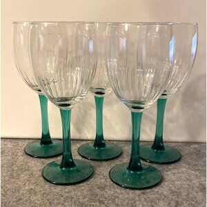 5 Turquoise/Green Stemmed Wine Glasses w/Ribbed glass  # 2172